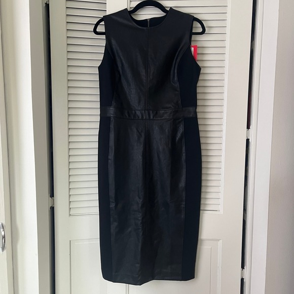 SPANX Dresses & Skirts - NWT Spanx Faux Leather Ponte Combo Fitted Sheath Dress Black Sz M